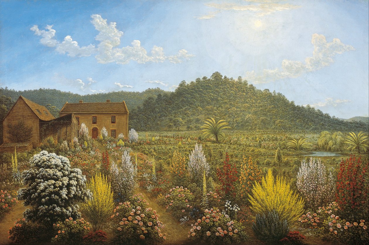 Utsikt over kunstnerhuset og hagen i Mills Plains, Van Diemens Land av John Glover