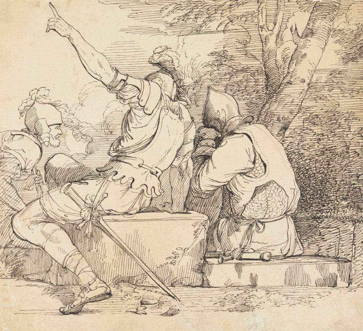 Tre soldater i rustning sitter på steinblokker av John Hamilton Mortimer