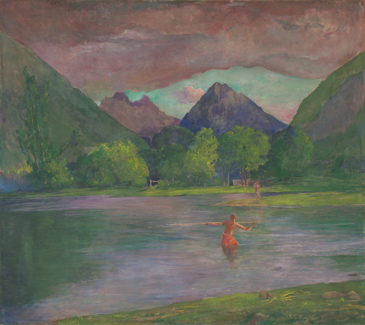 Afterglow, Tautira River, Tahiti, Fisherman Spearing a Fish, ca. 1895 av John La Farge or Lafarge
