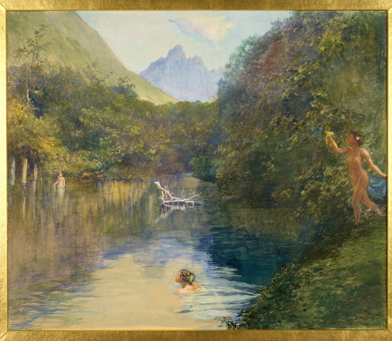 Ford ved den øvre enden av Vai-Te-Piha (Tautira-elven) Tahiti, 1891 (wc und gouache på glatt papir) av John La Farge or Lafarge