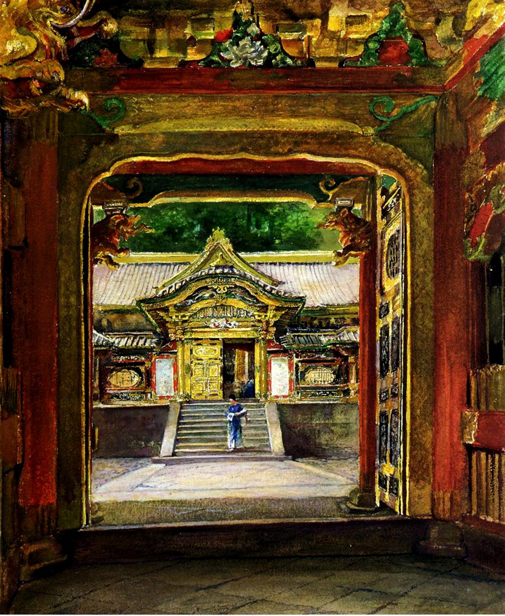 Den tredje porten, Iyemitsu-tempelet, Nikko, Japan, ca. 1886 (wc und gouache på papir) av John La Farge or Lafarge