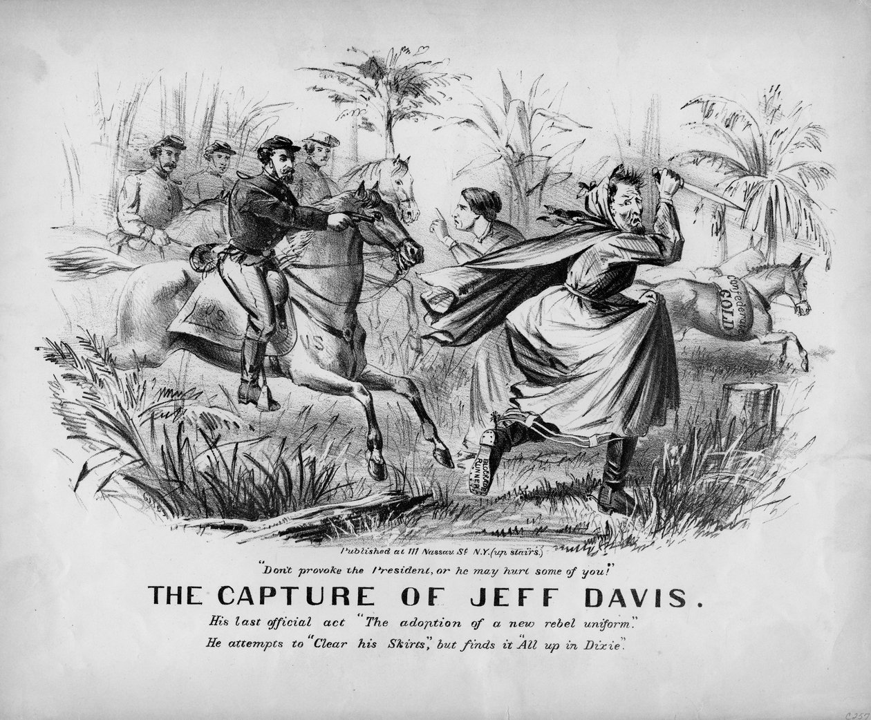 Fangsten av Jeff Davis: hans siste offisielle handling Adopsjonen av en ny opprørsuniform: han forsøker å rydde skjørtene sine, men finner alt oppe i Dixie, publisert i New York, ca. 1865 av John Lawrence Giles