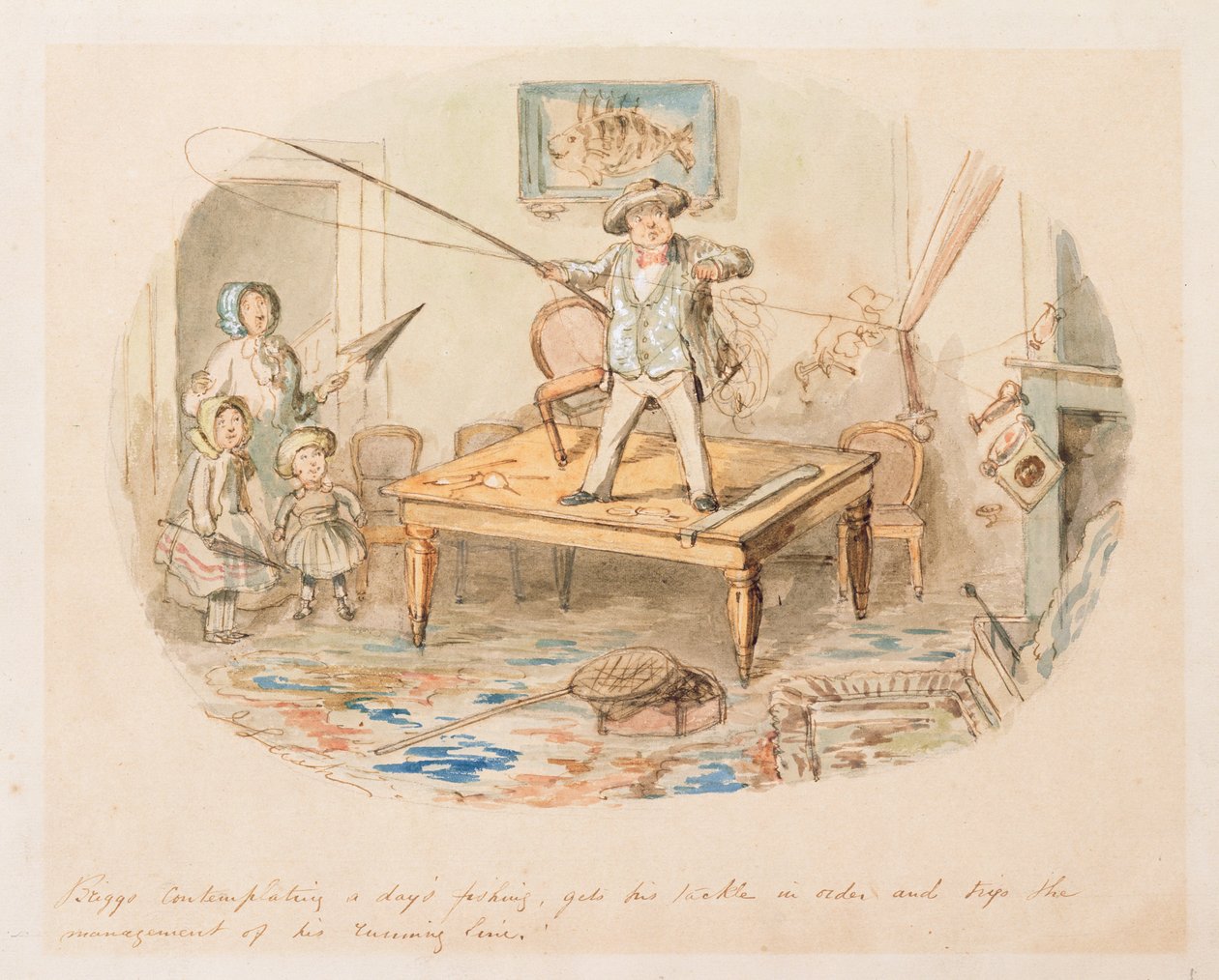 Mr Briggs vurderer en dags fiske (penn og wc over blyant på papir) av John Leech