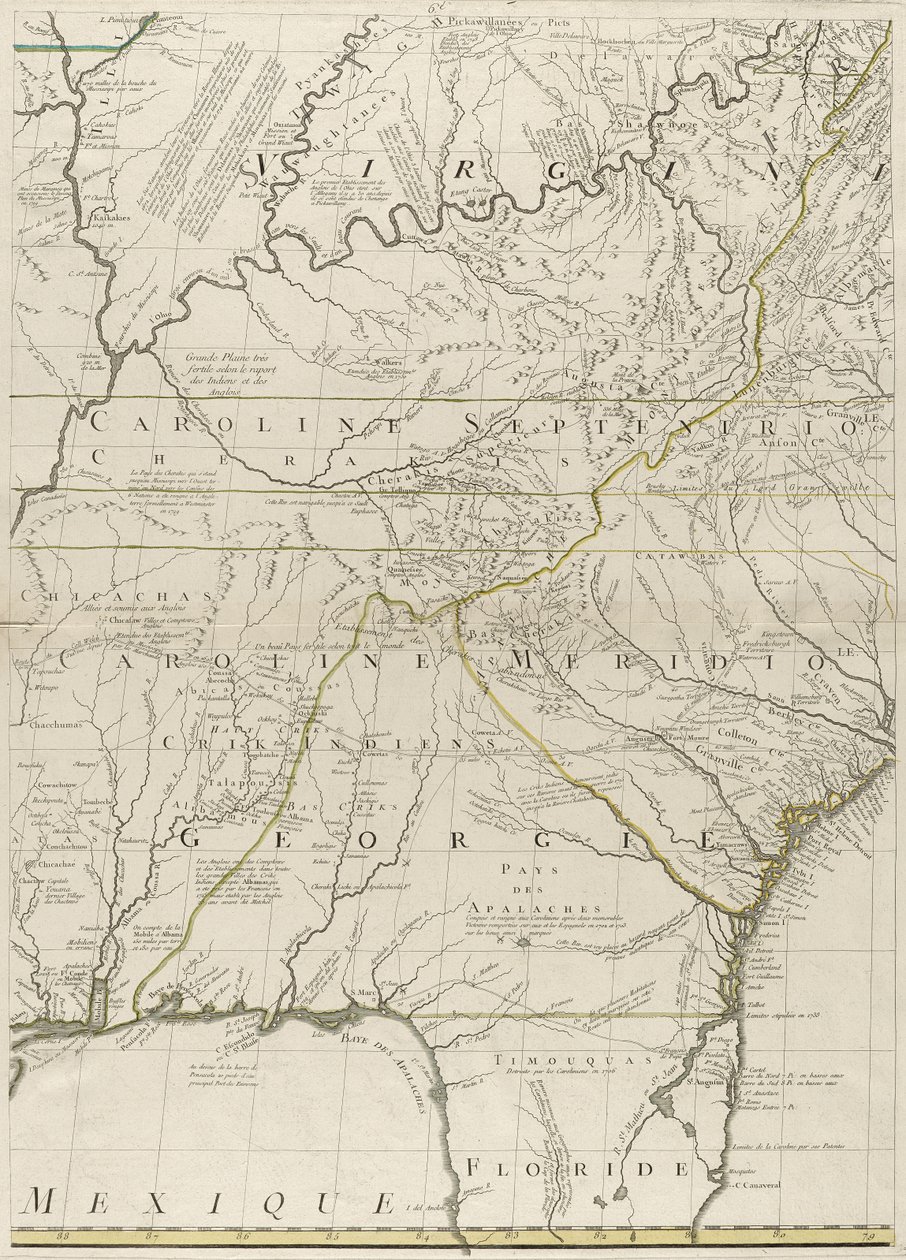Et kart over de britiske og franske herredømmene i Amerika, 1756 (gravering med konturfarge på papir) av John Mitchell