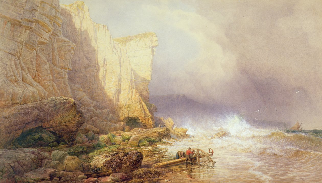 Stormfullt vær, Clearing Seaton Cliffs, South Devon, 1800-tallet av John Mogford
