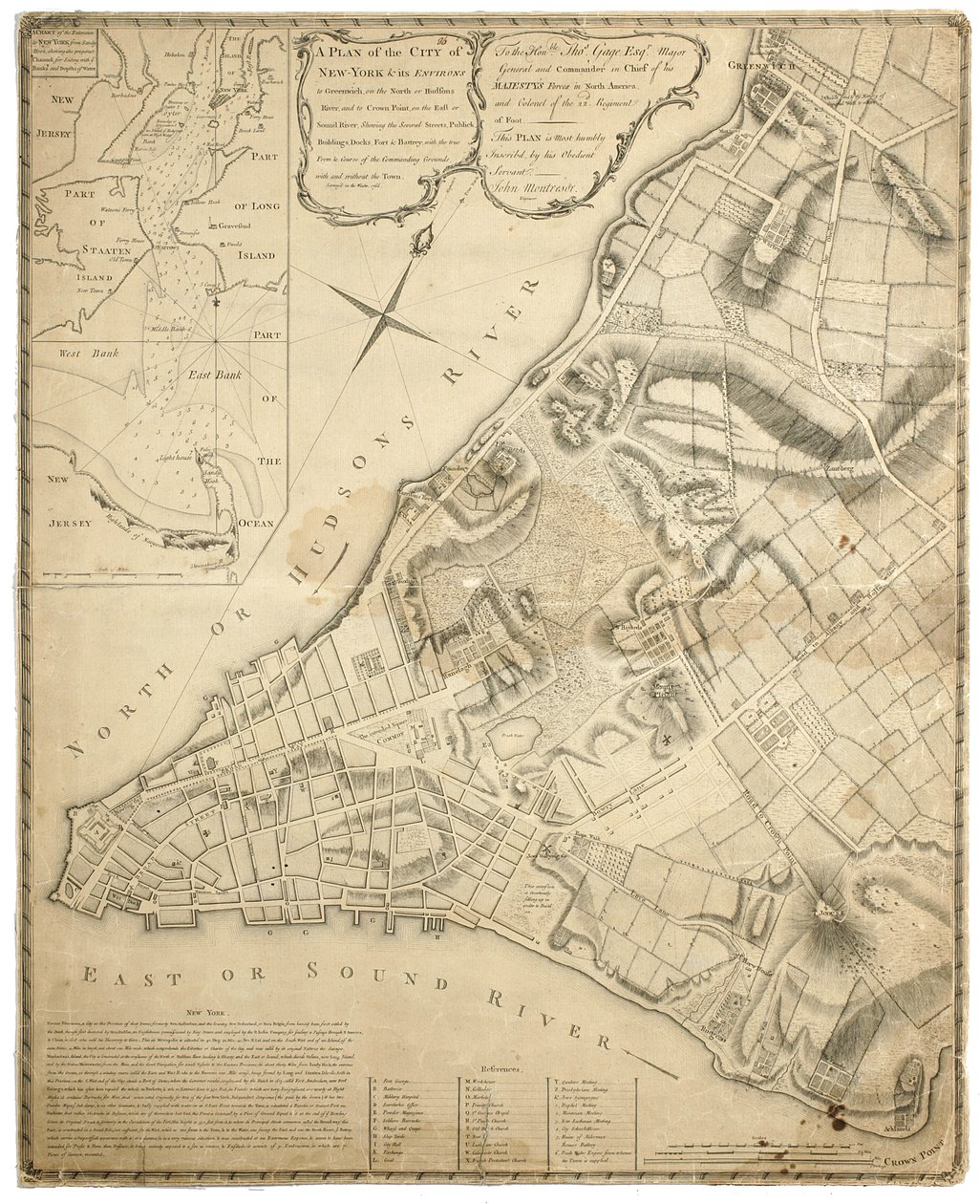 En plan for byen New York og dens omegn til Greenwich på North (Hudson) River til Crown Point på East River, kartlagt 1766, 1775 (litografi) av John Montresor