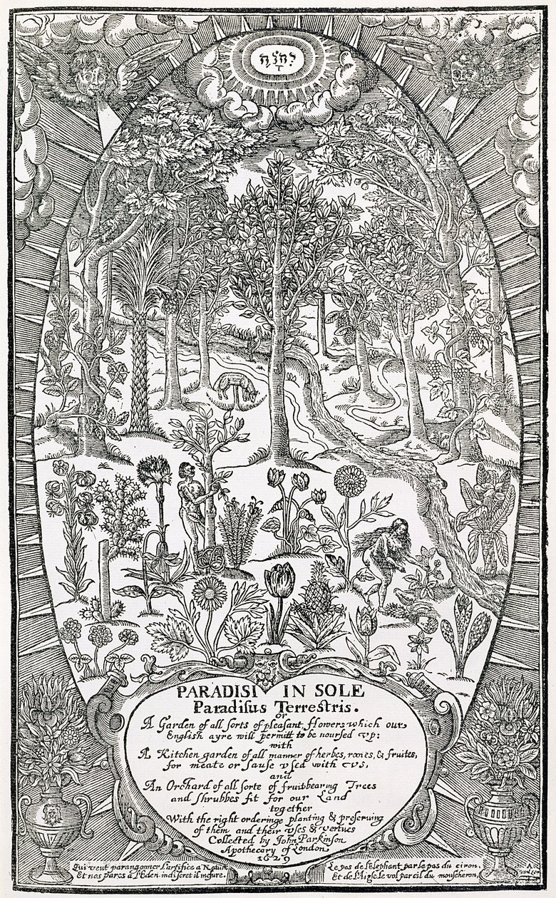 Tittelside fra Paradisi Sole; Paradisus Terrestris, 1629 av John Parkinson