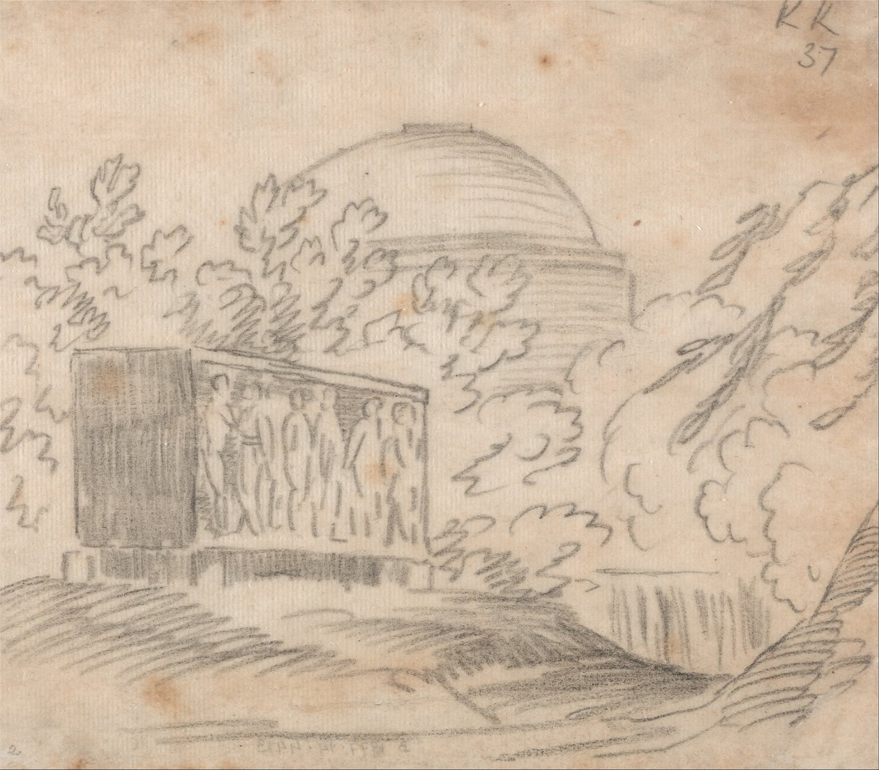 En sarkofag bak en kuppelbasert bygning av John Robert Cozens