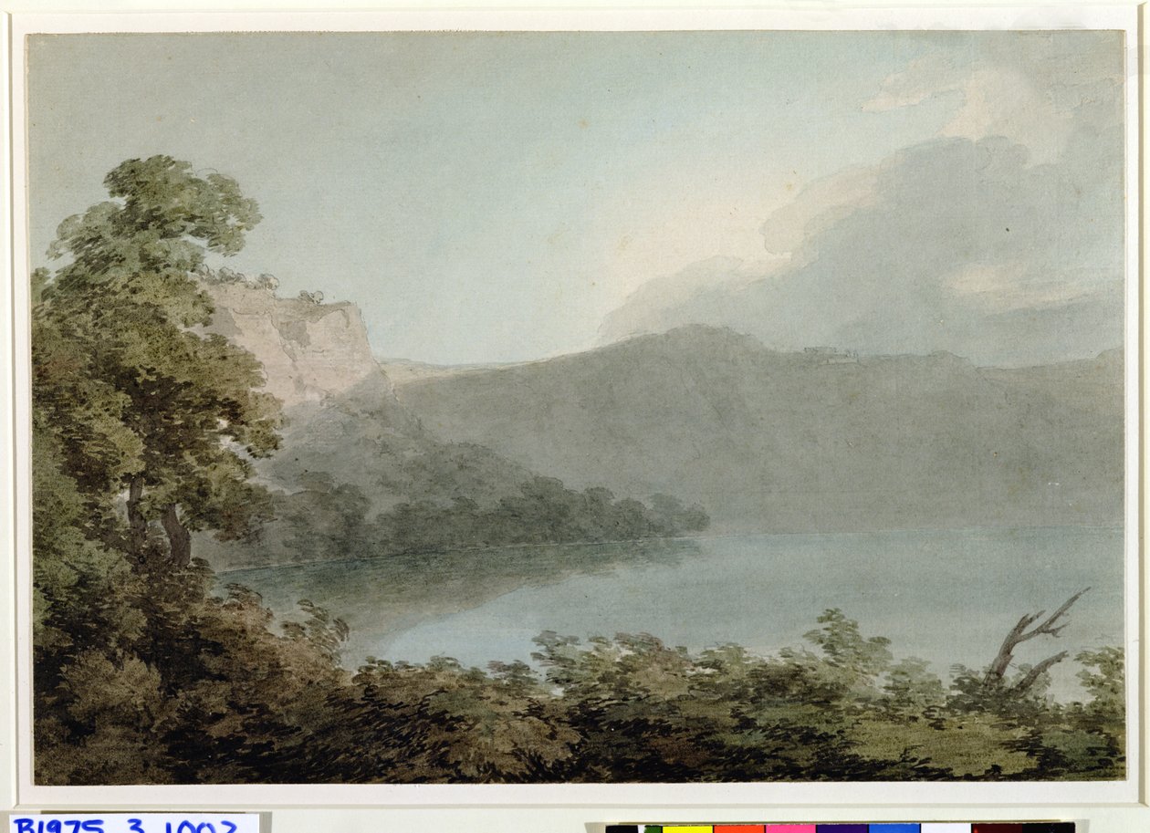 Lake of Vico mellom Roma og Firenze, 1783 (grafitt og wc på tungt lagt papir) av John Robert Cozens