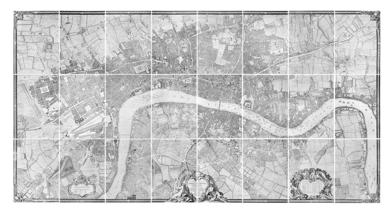 En plan over byene London og Westminster, og bydelen Southwark, 1746 av John Rocque