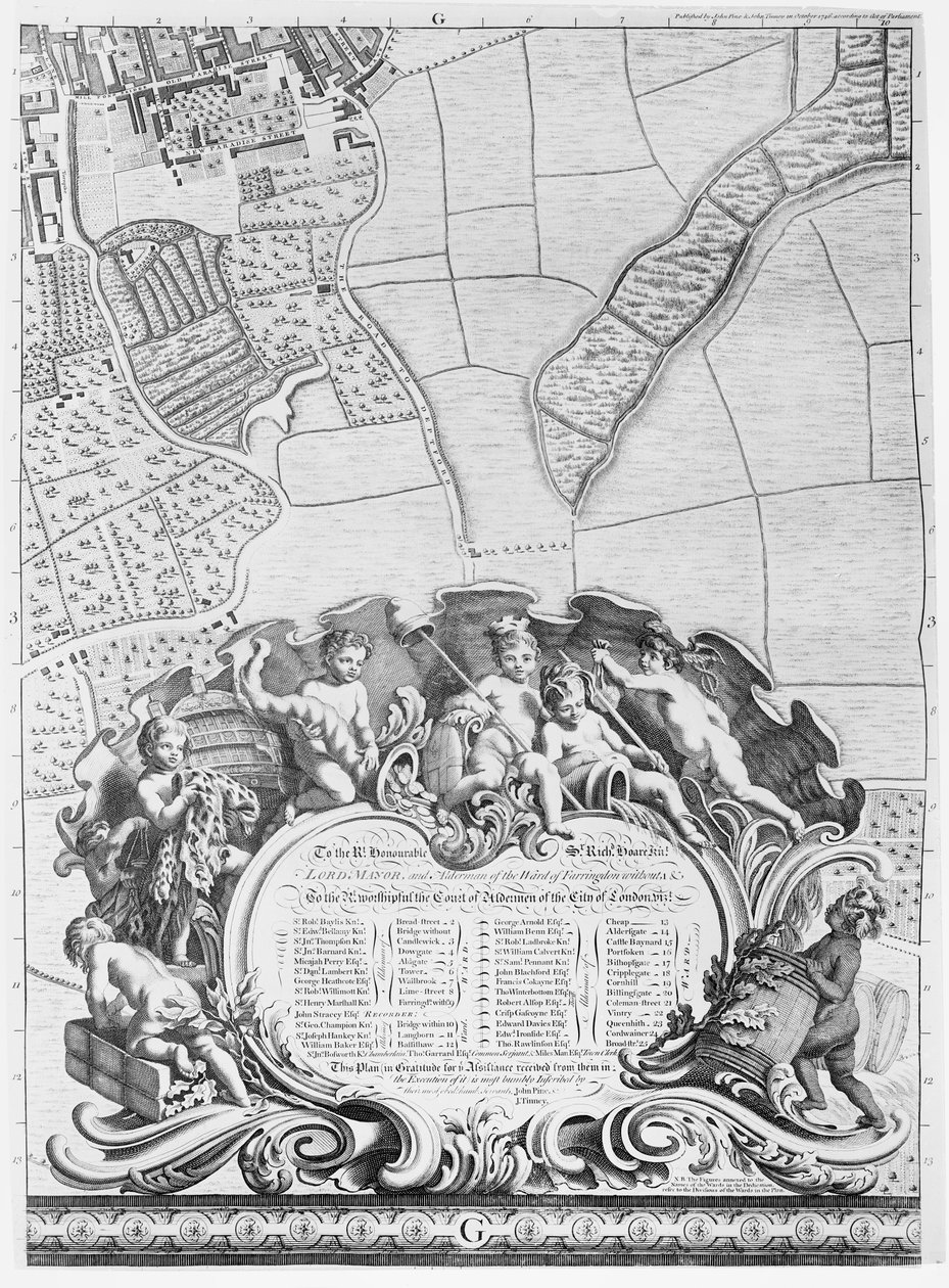 Inskripsjon fra Rocques kart over London, som viser byens Aldermen og deres områder, 1746 av John Rocque