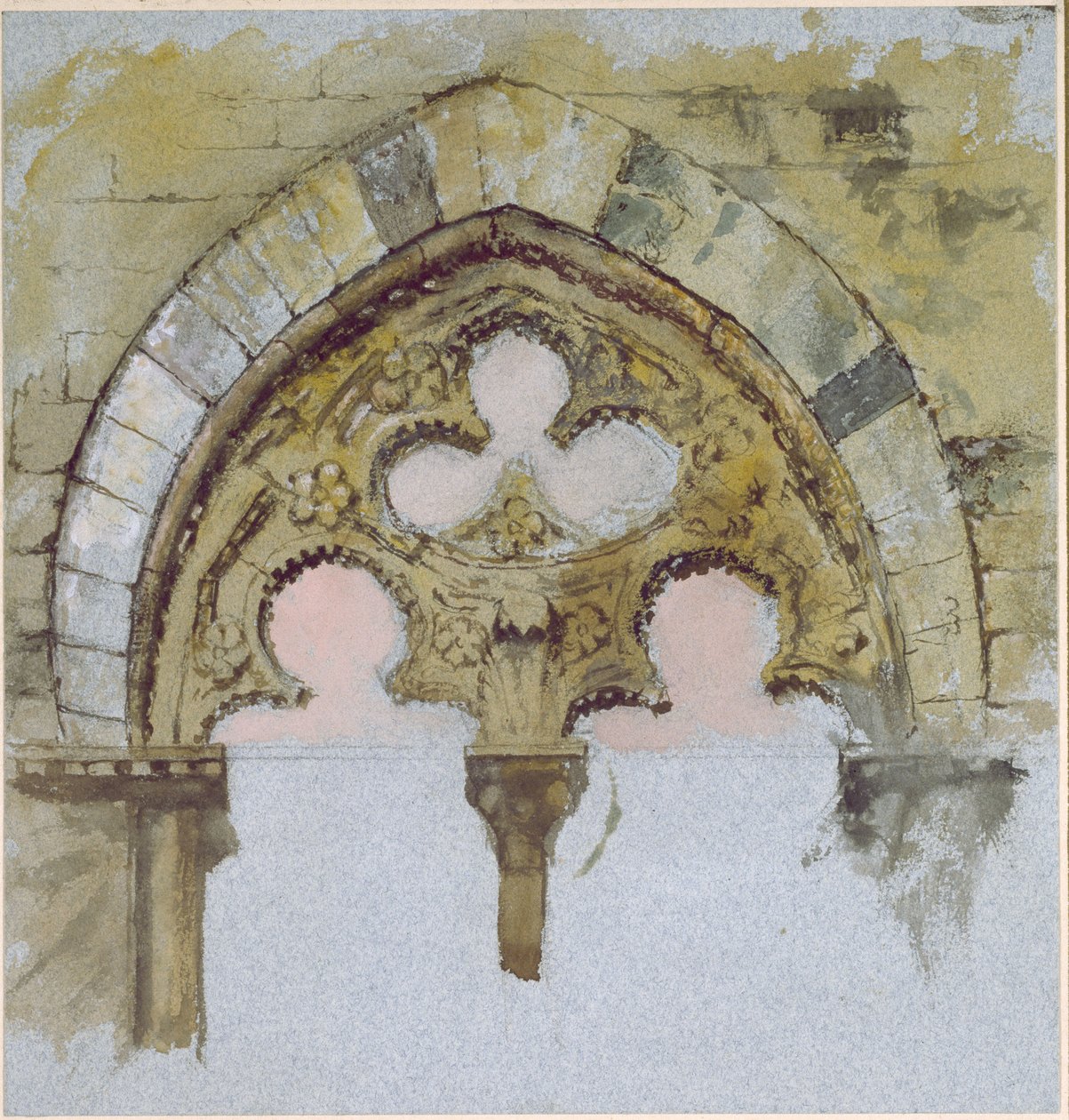 Et vindu i Palazzo Tolomei, Siena, som viser den uhøflige og usymmetriske plasseringen av massive steiner, 25. - 27. juni 1870 (akvarell og kroppsfarge over grafitt på blått vevd papir) av John Ruskin
