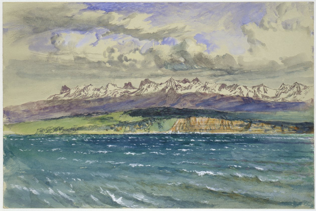 Ettermiddag om våren, med sørvind, ved Neuchâtel, 30. april 1869 (akvarell og kroppsfarge over grafitt på blekgråt vevd papir) av John Ruskin