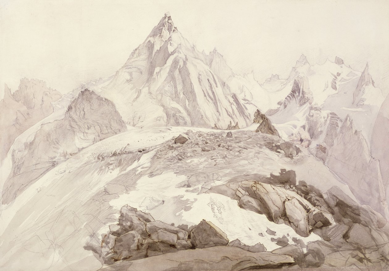 Aiguilles de Chamonix, ca. 1850 (blyant, penn og blekk og vask på kort) av John Ruskin