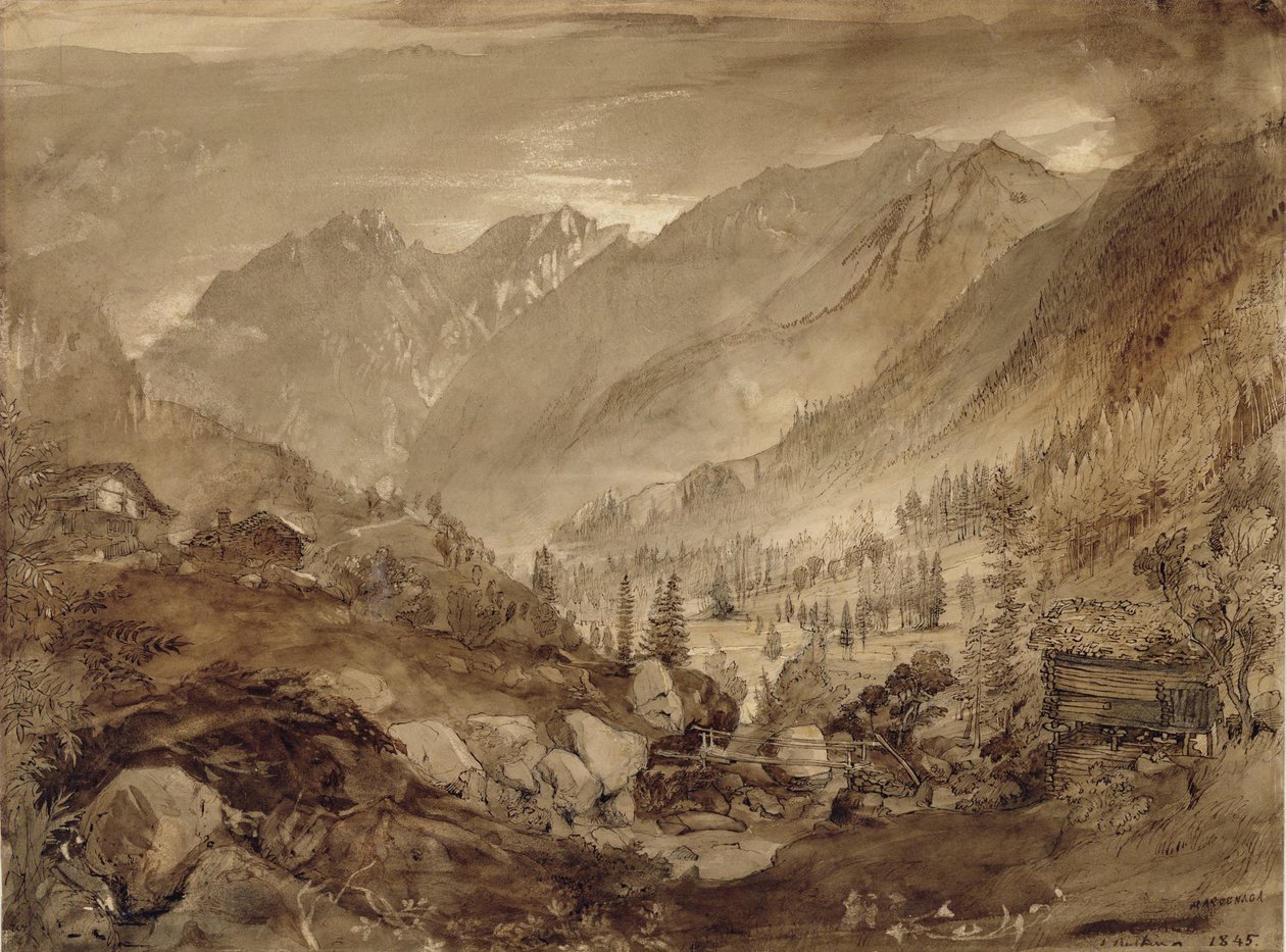 Mountain Landscape, Macugnaga, 1845 (penn og brunt blekk og vask over blyant på papir) av John Ruskin