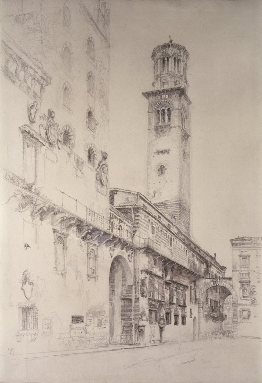 Piazza dei Signori, Verona, 1800-tallet (blyant og wc på papir) av John Ruskin