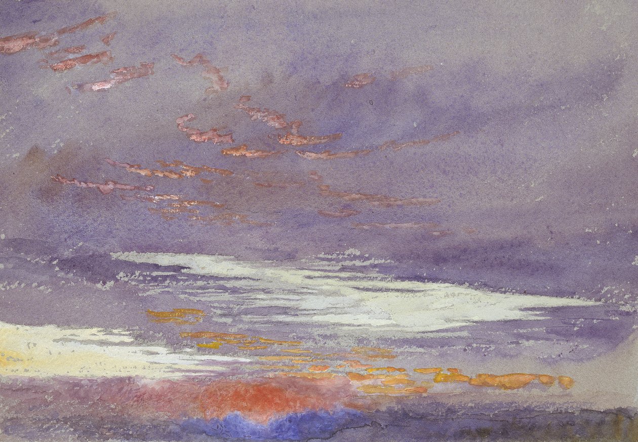 Study of Dawn: purple Clouds, mars 1868 (akvarell og kroppsfarge over svake grafittlinjer på blågrått papir) av John Ruskin