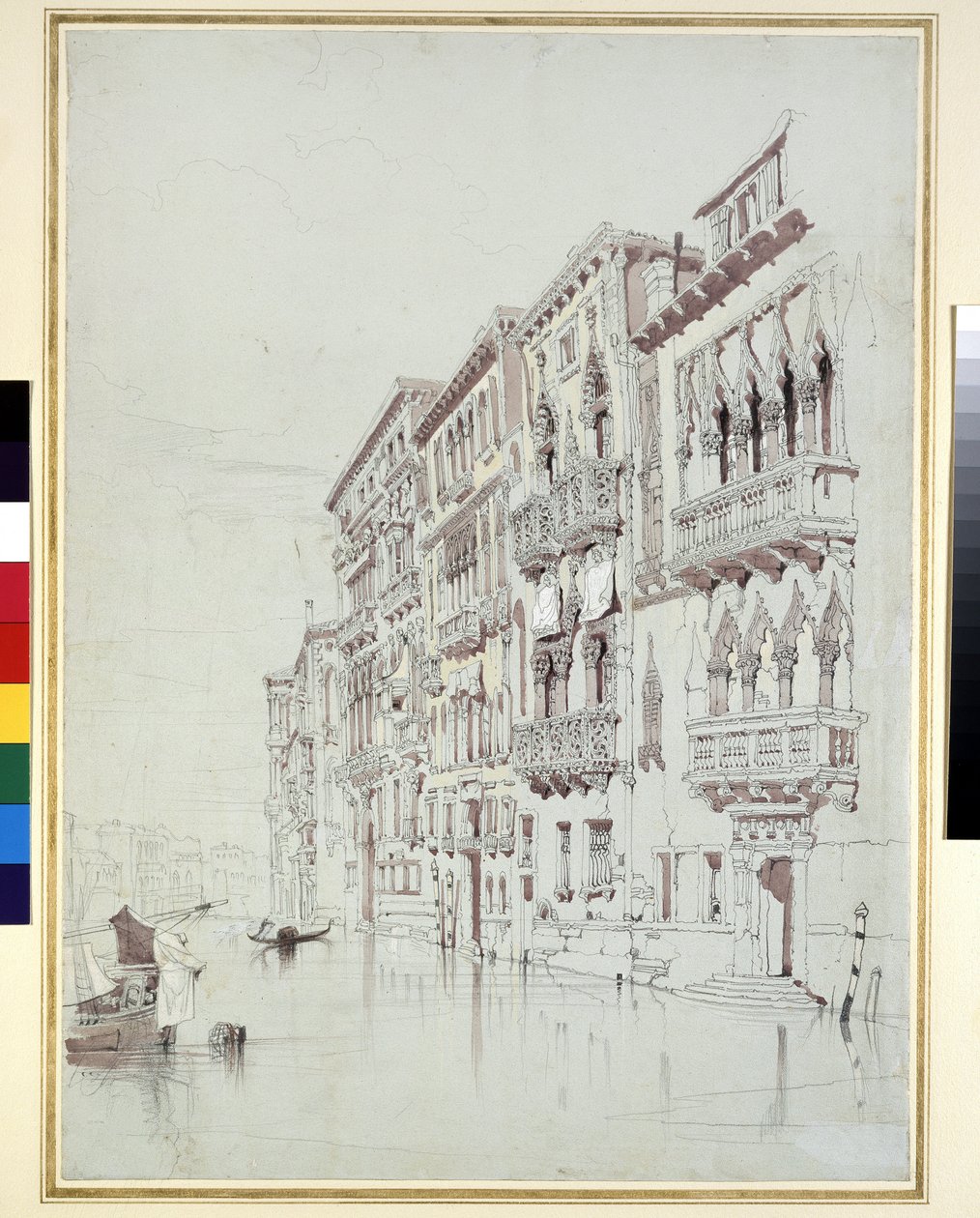 Palazzo Contarini-Fasan, Venezia, 6. - 16. mai 1841 (grafitt, akvarell og kroppsfarge, med noen riper ut, på grått papir) av John Ruskin