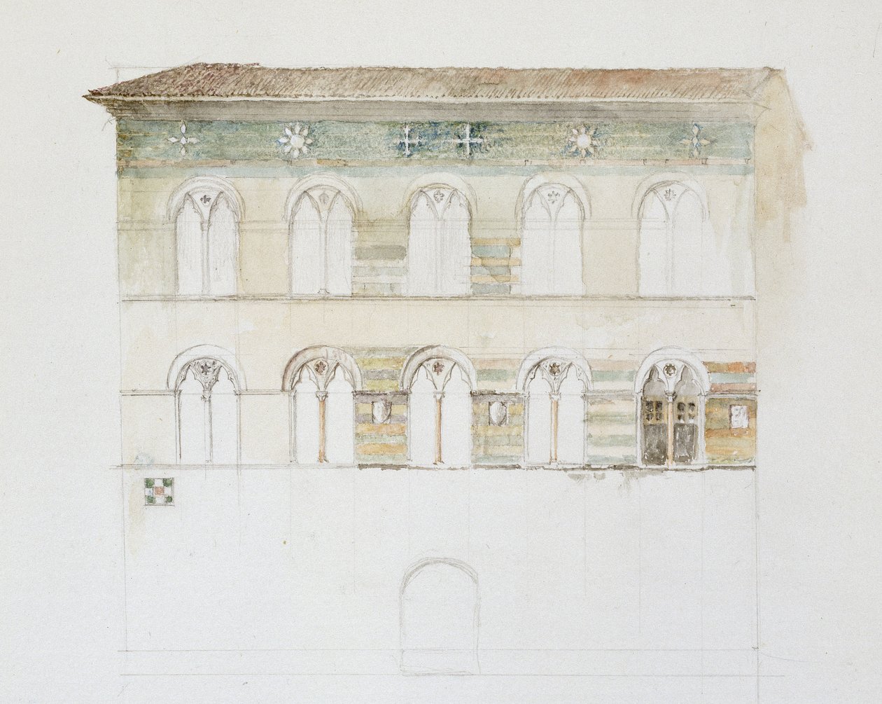 Palazzo Gambacorti, Pisa, 27. - 30. april 1872 (akvarell over grafitt på vevd papir) av John Ruskin