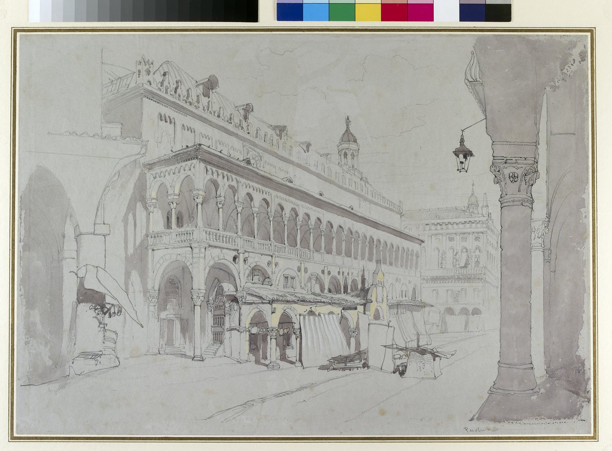 Palazzo della Ragione og Piazza delle Erbe, Padua, mai 1841 (grafitt, akvarell, kroppsfarge og penn og blekk på grått papir) av John Ruskin