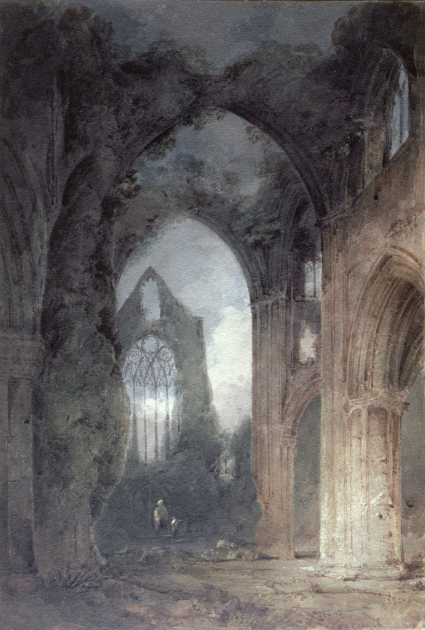 Tintern Abbey by Moonlight (penn og brunt blekk og wc på papir) av John Sell Cotman