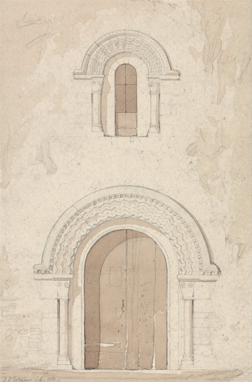 West Doorway and Window i Church of Ham nær Valognes, Normandie av John Sell Cotman
