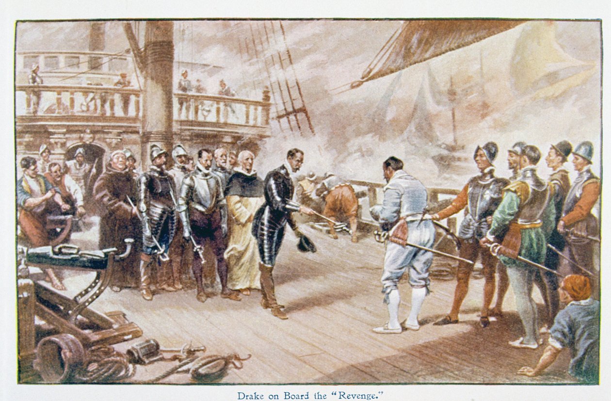 Sir Francis Drake (ca. 1540-96) om bord på 'Revenge', illustrasjon fra 'Lives of Great Men Told by Great Men', redigert av Richard Wilson, ca. 1920-tallet av John Seymour Lucas
