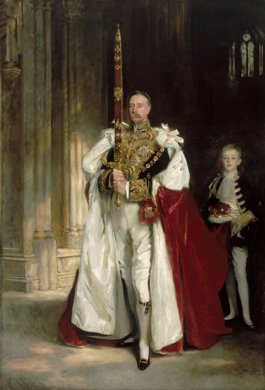 Charles Stewart, sjette markiser av Londonderry, bærer det store sverdet av staten ved kroning ... av John Singer Sargent