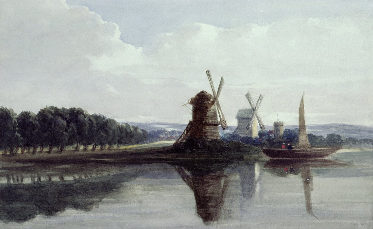 Vindmøller ved en elv, 1800-tallet (akvarell) av John Smeaton Chase