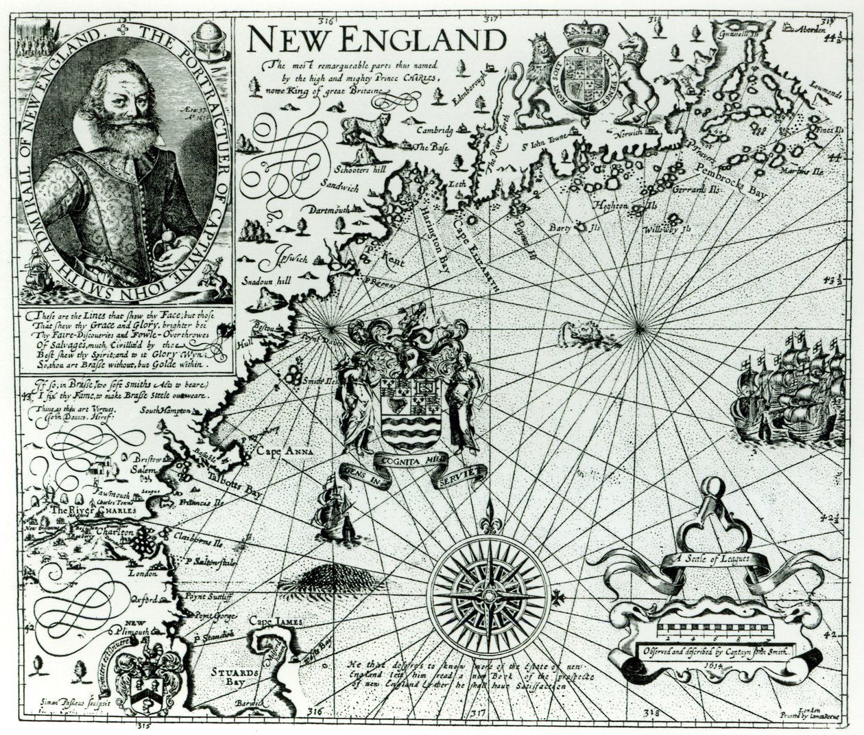 Kart over New Englands kystlinje i 1614, gravert av Simon de Passe (1595-1647) 1616 av John Smith 2