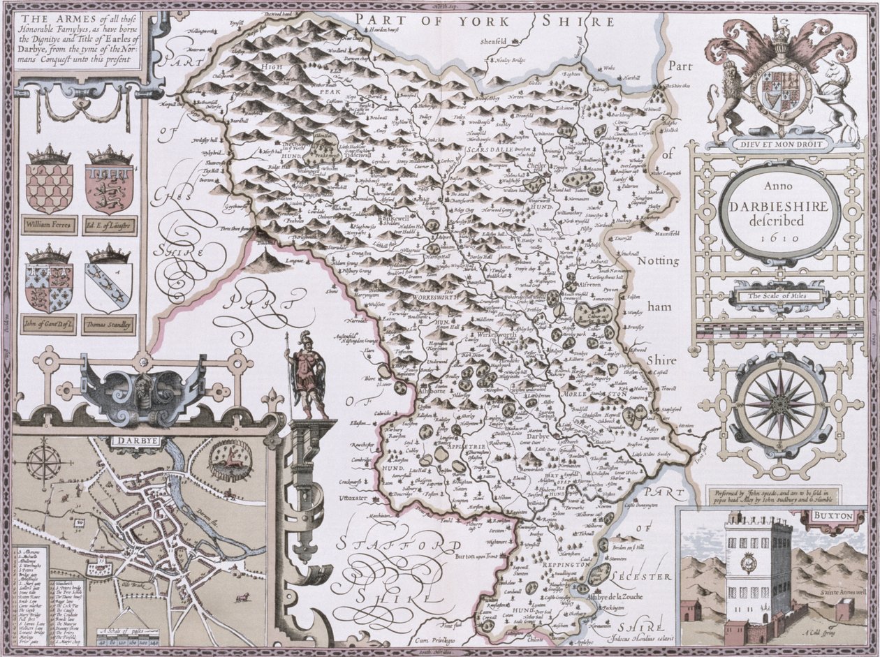 Darbieshire, gravert av Jodocus Hondius (1563-1612) fra John Speeds "Theatre of the Empire of Great Britain", pub. av John Sudbury og George Humble, 1611-12 (håndfarget kobbergravering) av John Speed