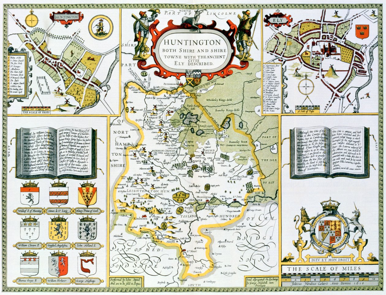 Huntington, gravert av Jodocus Hondius (1563-1612) fra John Speeds "Theatre of the Empire of Great Britain", pub. av John Sudbury og George Humble, 1611-12 (håndfarget kobbergravering) av John Speed