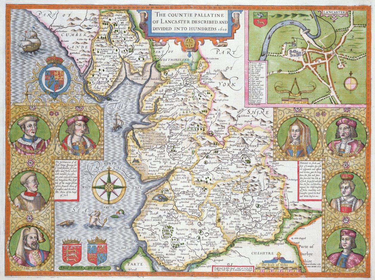 Lancashire i 1610, fra John Speeds "Theatre of the Empire of Great Britaine", første utgave, pub. 1611-12 (håndfarget kobbergravering) av John Speed