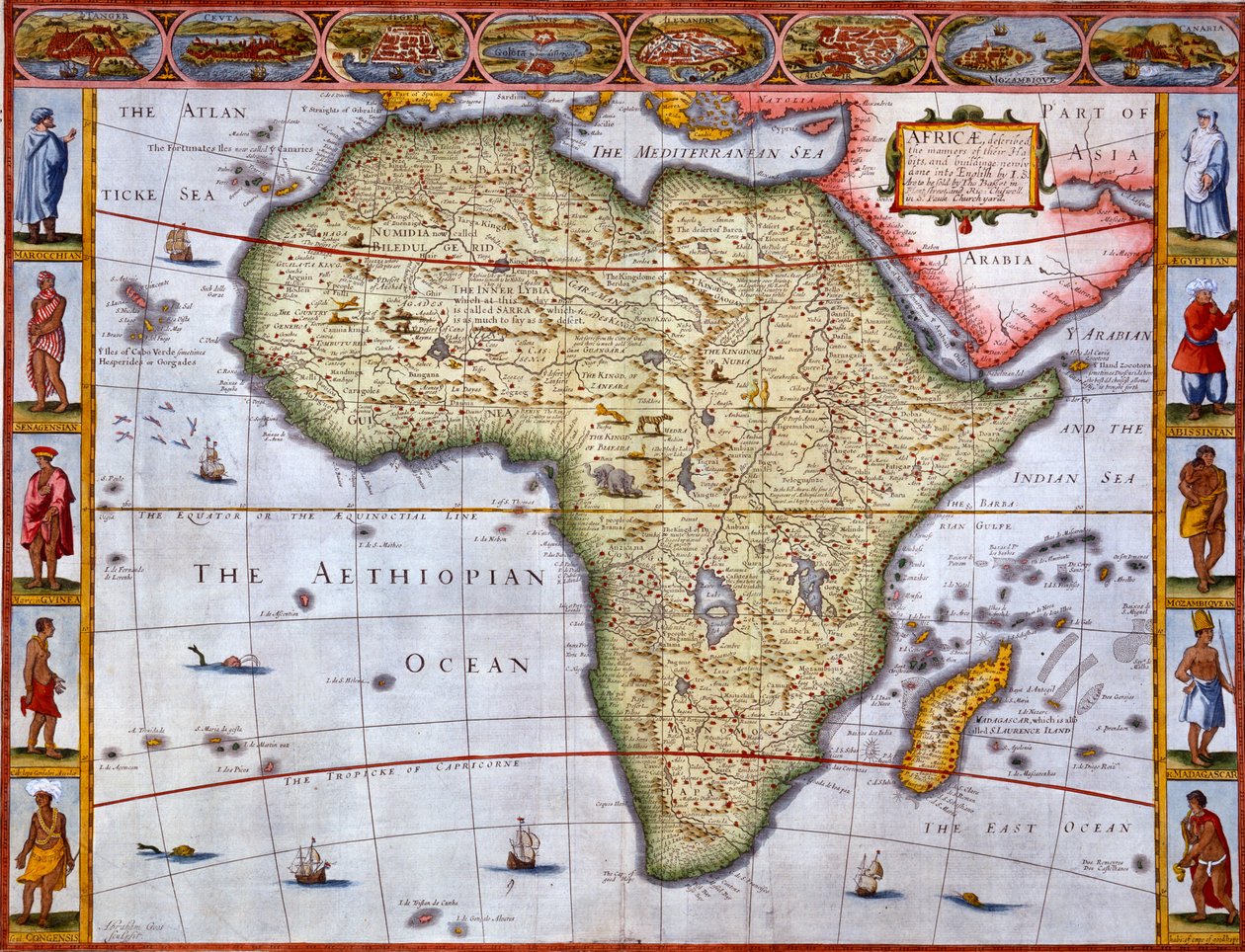 Kart over Afrika (håndfarget gravering) av John Speed