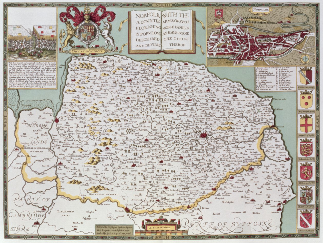 Norfolk, gravert av Jodocus Hondius (1563-1612) fra John Speeds "Theatre of the Empire of Great Britain", pub. av John Sudbury og George Humble, 1611-12 (håndfarget kobbergravering) av John Speed