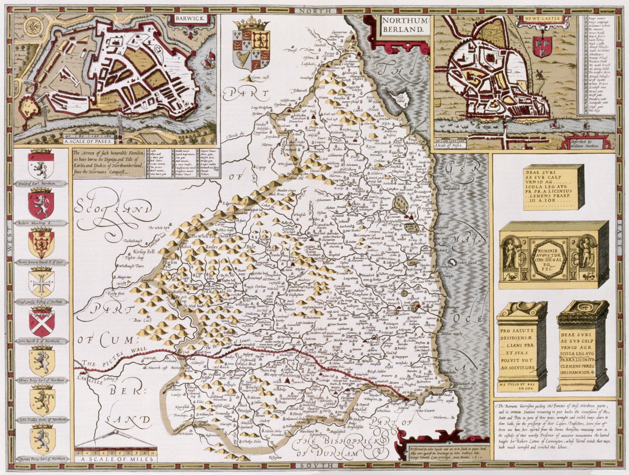 Northumberland, gravert av Jodocus Hondius (1563-1612) fra John Speeds "Theatre of the Empire of Great Britain", pub. av John Sudbury og George Humble, 1611-12 (håndfarget kobbergravering) av John Speed