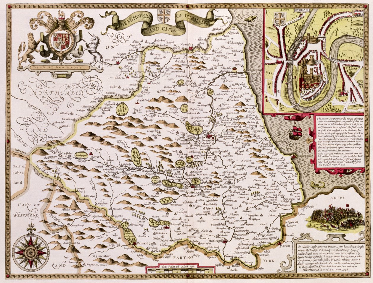 The Bishoprick and City of Durham, gravert av Jodocus Hondius (1563-1612) fra John Speeds "Theatre of the Empire of Great Britain", pub. av John Sudbury og George Humble, 1611-12 (håndfarget co av John Speed