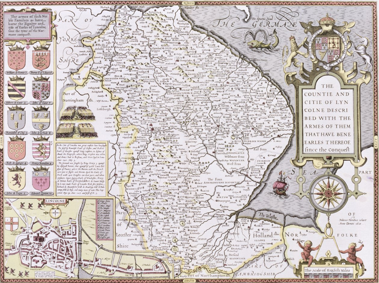 The Countie and City of Lyncolne, gravert av Jodocus Hondius (1563-1612) fra John Speeds "Theatre of the Empire of Great Britain", pub. av John Sudbury og George Humble, 1611-12 (håndfarget co av John Speed