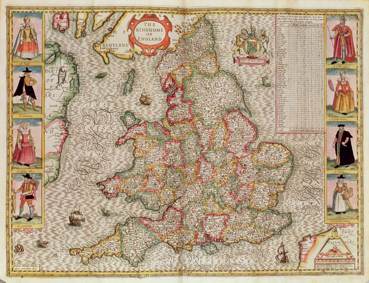 The Kingdome of England, gravert av Jodocus Hondius (1563-1612) fra John Speeds "Theatre of the Empire of Great Britain", pub. av John Sudbury og George Humble, 1611-12 (håndfarget kobber engra av John Speed