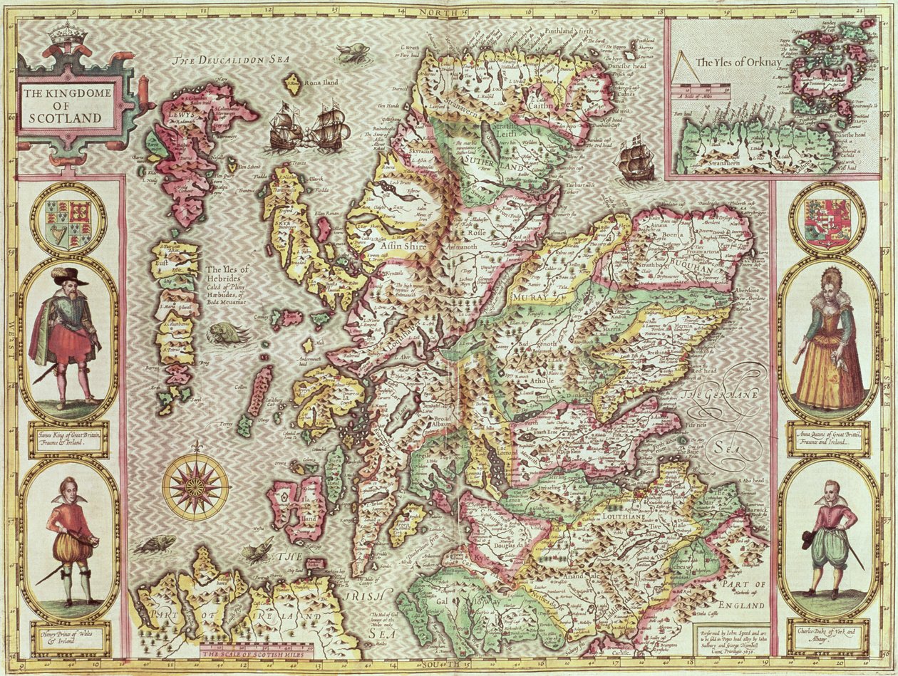 The Kingdome of Scotland, gravert av Jodocus Hondius (1563-1612) fra "Theatre of the Empire of Great Britain", pub. av John Sudbury og George Humble, 1611-12 (håndfarget kobberstikk) av John Speed