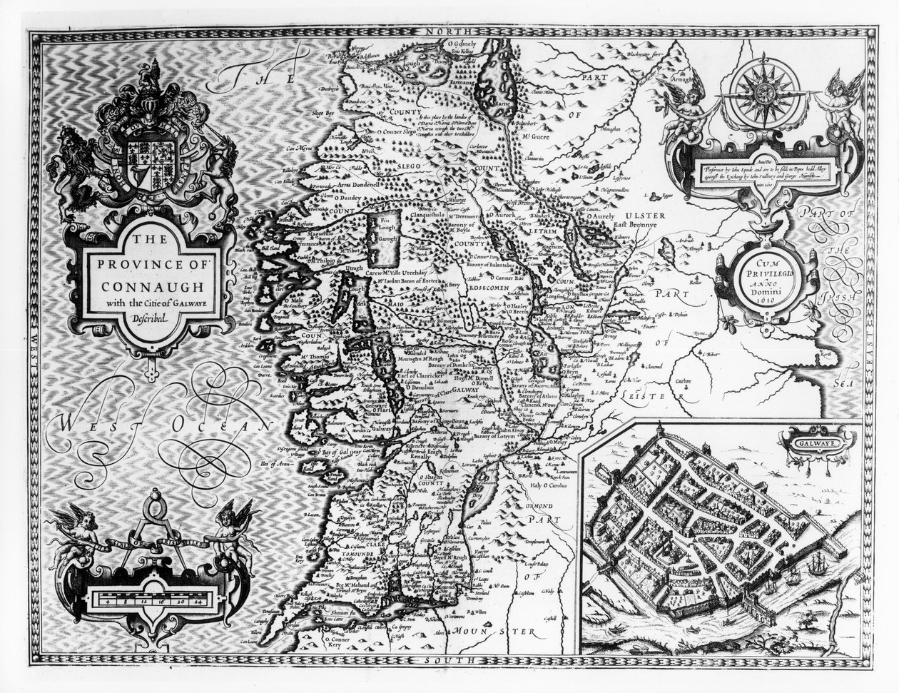 Provinsen Connaught med byen Galway beskrevet, gravert av Jodocus Hondius (1563-1612), fra "Theatre of the Empire of Great Britain", pub. av John Sudbury og George Humble, 1611-12 (no av John Speed