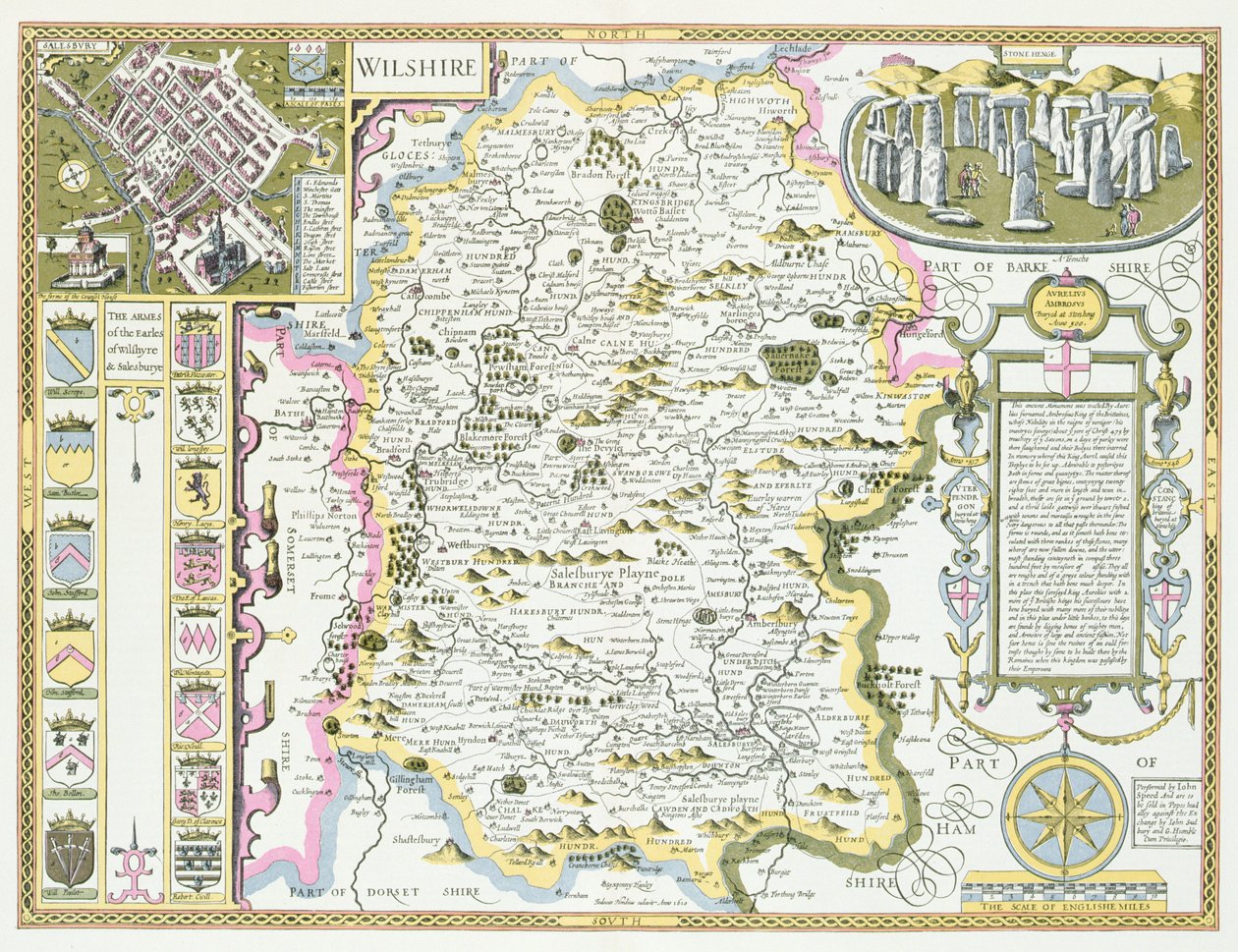 Wiltshire, gravert av Jodocus Hondius (1563-1612) fra John Speed