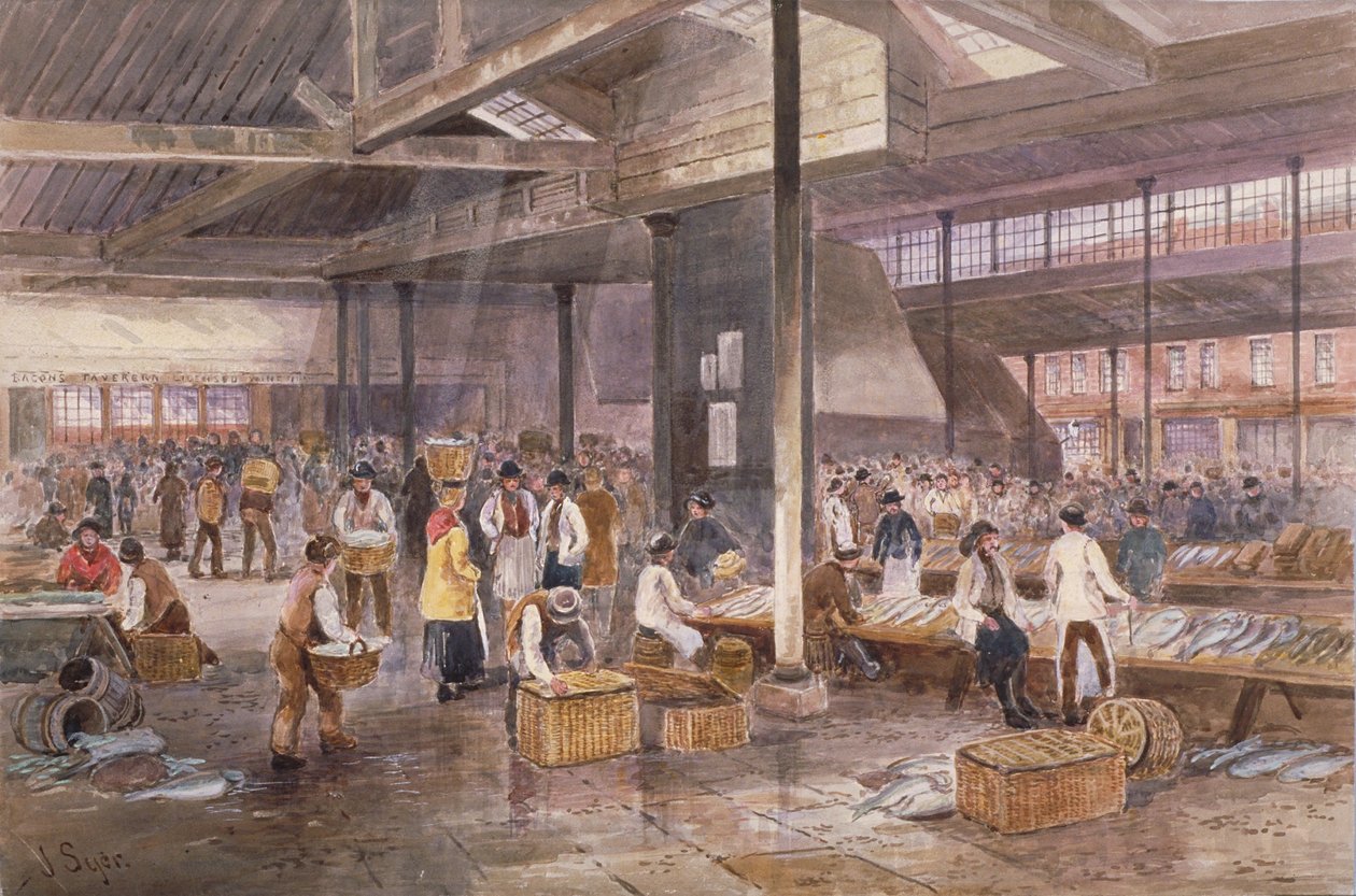 Innvendig utsikt over Billingsgate Fish Market, ca. 1849 av John Syer