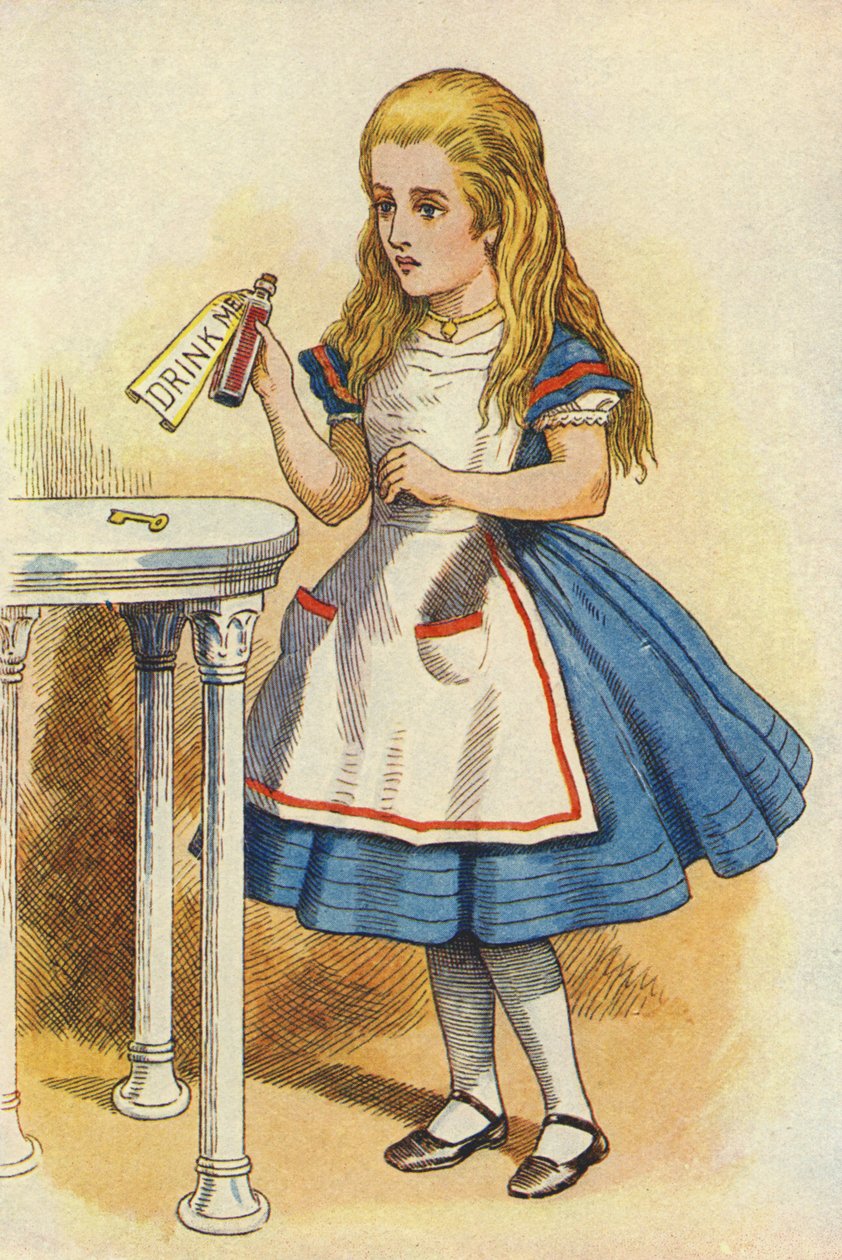 Alice oppdager en flaske merket "Drink Me" (fargegravering) av John Tenniel