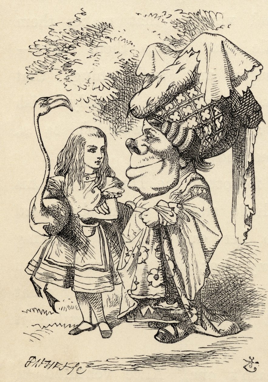 Alice med flamingo chatter med hertuginnen, fra 'Alice's Adventures in Wonderland' av Lewis Carroll, utgitt 1891 av John Tenniel