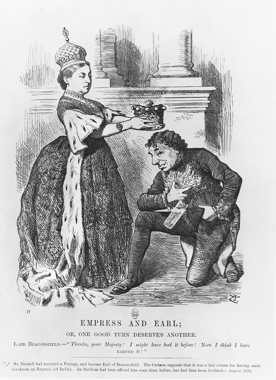 Disraeli fikk en peerage av dronning Victoria i 1876 av John Tenniel