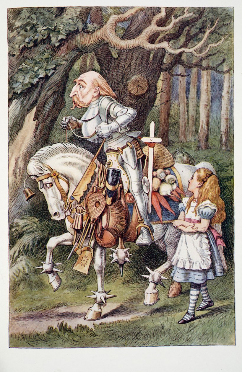 The White Knight, Alices Adventures In Wonderland And Through The Looking-Glass og hva Alice fant der, av Lewis Carroll (1832 - 98), utgitt 1911 (farget litografi) av John Tenniel