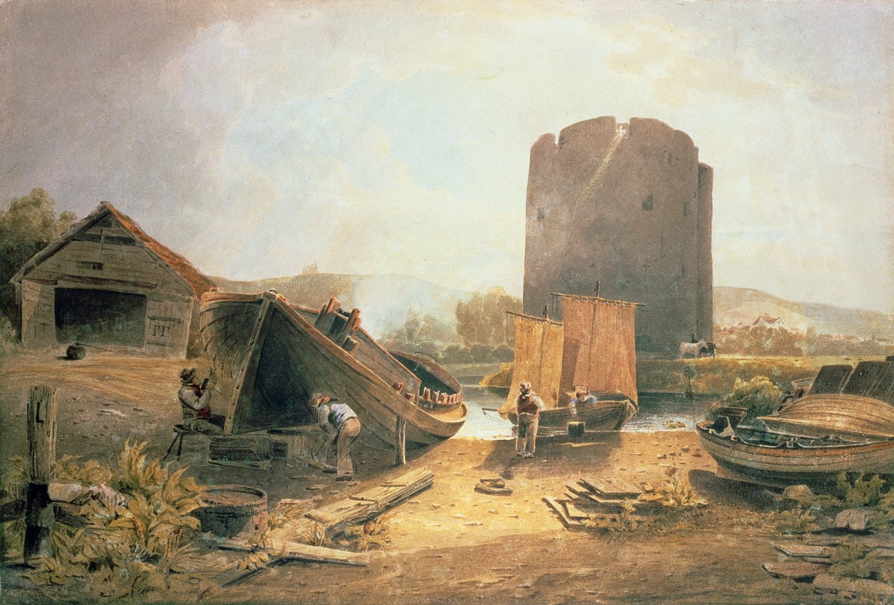 Boat Builders Yard, nær Cows Tower, Norwich (wc på papir) av John Thirtle