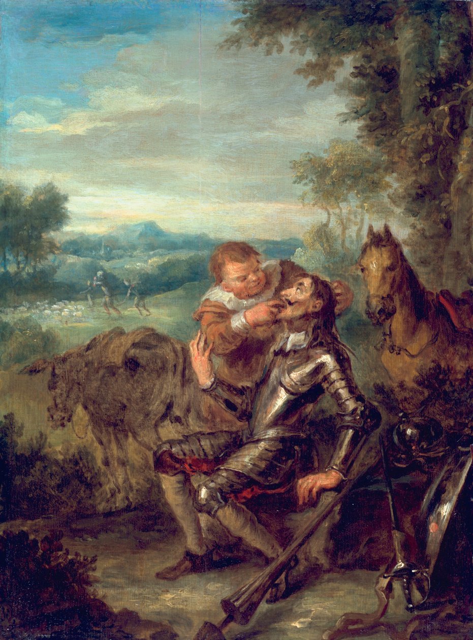 Scene fra Don Quijote: Sancho Panza teller Don Quijotes tenner, 1735 av John Vanderbank