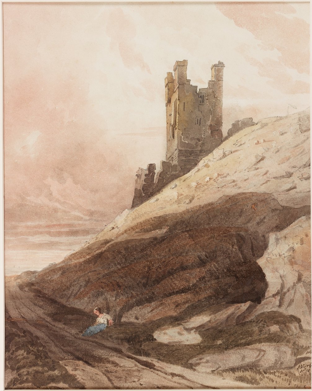 Lilburn Tower, Dunstanburgh Castle (blyant og akvarell på papir (limt om bord)) av John Varley